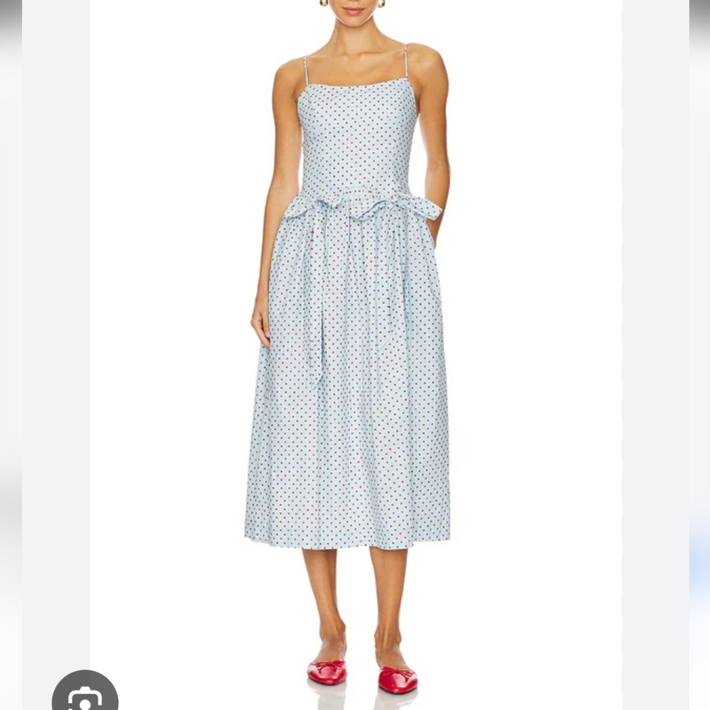 Polka Dot Spaghetti-Strap Midi Dress in Light Blue NWT